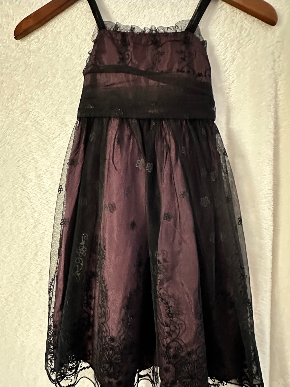 Girls Elegant Black Overlay Purple Satin Dress Skirt